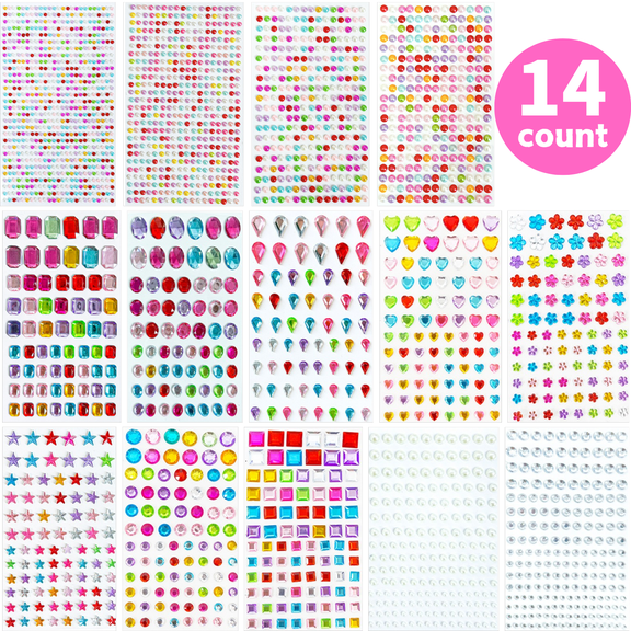 Cayton Gem Stickers,Self-adhesive Rhinestone Stickers,Sparkling 3D Gemstones Colored and Pearls for Diy Scrapbook Craft Supplies for Kids,14 count