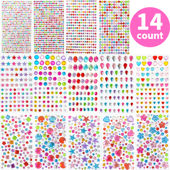 Cayton Gem Stickers,Self-adhesive Rhinestone Stickers,Sparkling 3D Gemstones Colored for DIY Scrapbook Craft Supplies for Kids,14 count