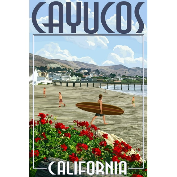 Cayucos, California, Beach and Pier Scene (24x36 Giclee Gallery Art Print, Vivid Textured Wall Decor)