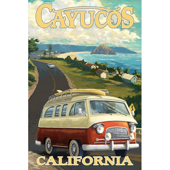 Cayucos, California, Camper Van, Coastal (16x24 Giclee Gallery Art Print, Vivid Textured Wall Decor)