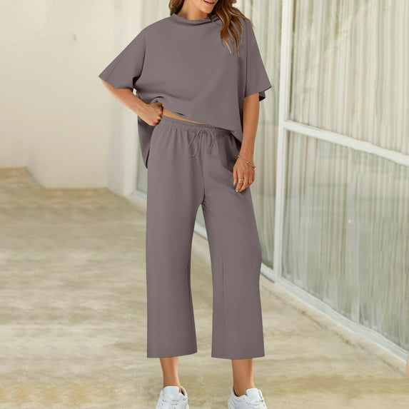 Caywon 2-Piece Set Women's Solid Color Casual Batwing Sleeve Pullover Wide Leg Pants Loose Fit Breathable Design Suitable for Spring Summer Daily Casual Outdoor Activities