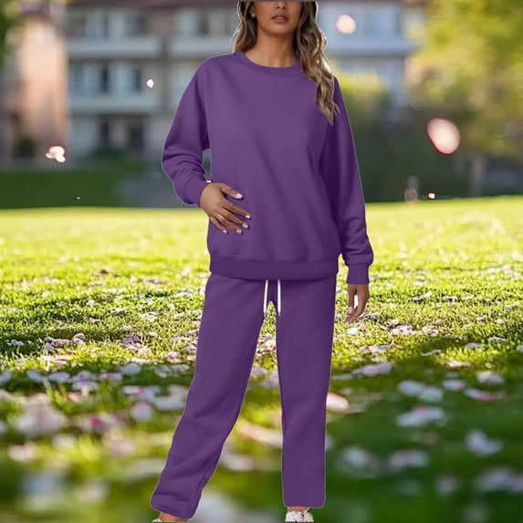 Caywon 2-Piece Sweatshirt Set Women's Long Sleeve Solid Color Top Elastic Waist Tie-Waist Pocket Pants Comfortable Fit Versatile For Daily Leisure Home Wear