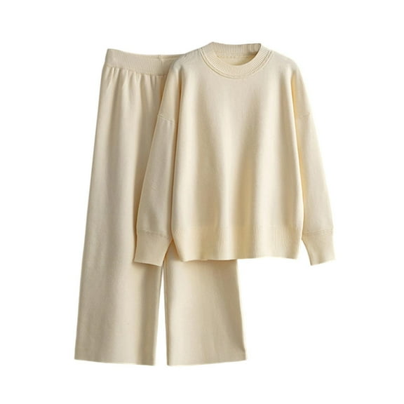 Caywon 2-Piece Women's Knit Solid Color Round Neck Long Sleeve Pullover Sweater Pants Knit with Classic Round Neck Solid Color Comfortable for Everyday Homewear