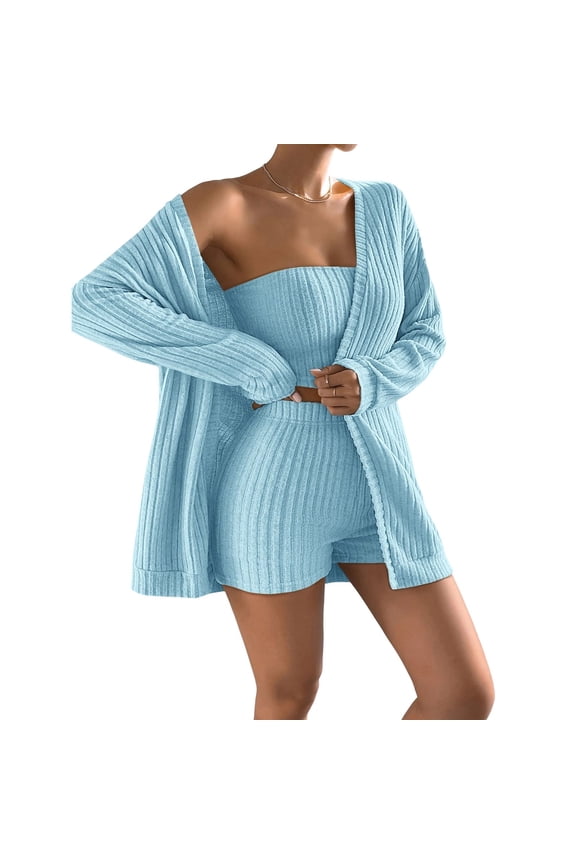 3-Piece Ribbed Women's Pajamas Long-Sleeve Jacket + Camisole + Shorts Outerwear-Friendly Home Wear Set Textured Brushed Ribbed Fabric for Versatile Home Use