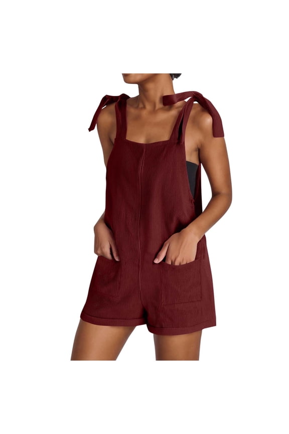 Adjustable Womens Jumpsuit Romper Solid Color Loose Sleeveless Designs Double Front Pockets Wide Leg Above Knee Length Short Style Overalls Customizable Waist Comfort Wine M