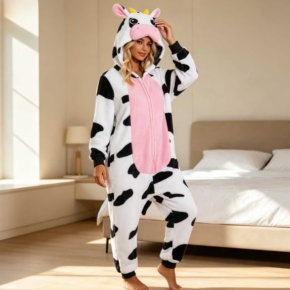 Caywon Adult Cow Onesie Costume, Hooded Animal Kigurumi Pajamas with Front Zipper, Funny Cow Print One Piece Outfit for Halloween Party and Cozy Lounge Wear