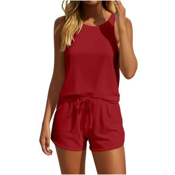 Caywon Airy Womens Coordinated Outfit Set Fashionable Solid Color Sleeveless Designs Casual LooseBlouse Top Paired with Above Knee Length Short Lightweight Fabric Red M