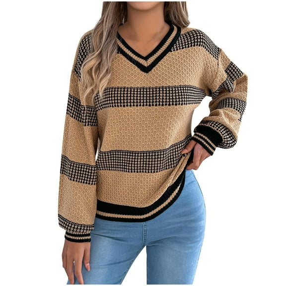 Caywon Autumn and Winter Women's Color Block Knitted V Neck Long Sleeve Pullover Fashion Sweater Stylish Color Block Design Sweater Khaki L