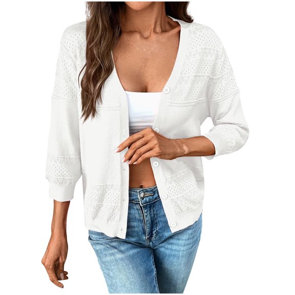 Caywon Autumn and Winter Women's Solid Color Hollow Out Knitted Long Sleeve Sleeveless V Neck Button Casual Coat Elegant Hollow Out Design White L