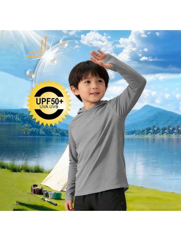 Boys' UPF 50+ Hooded Long Sleeve Sun Shirt with Thumbhole Cuffs for Outdoor Camping Hiking Summer Vacation Daily Essential Wear