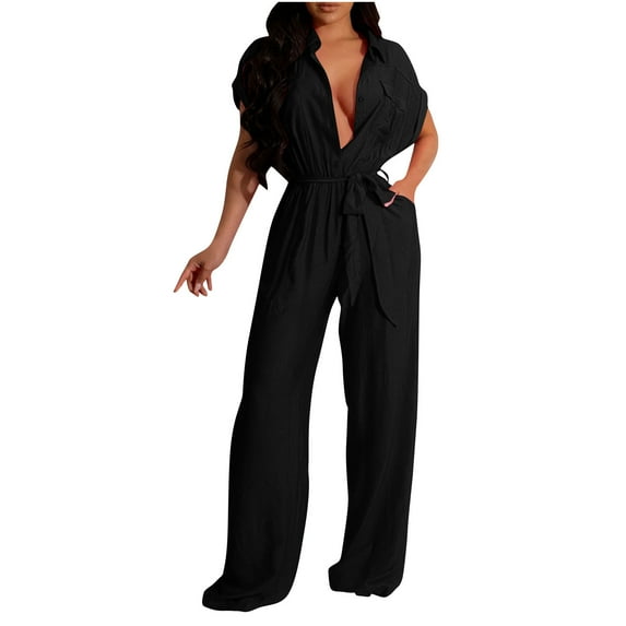 Caywon Casual Womens Solid Color Jumpsuit With Short Sleeves Tie Waist Detail Loose Comfortable Fit for Everyday Summer Wear Breathable Lightweight Fabric Black XL