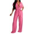 thumbnail image 1 of Caywon Casual Womens Solid Color Jumpsuit With Short Sleeves Tie Waist Detail Loose Comfortable Fit for Everyday Summer Wear Breathable Lightweight Fabric Hot Pink M, 1 of 6