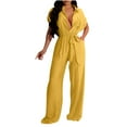 thumbnail image 1 of Caywon Casual Womens Solid Color Jumpsuit With Short Sleeves Tie Waist Detail Loose Comfortable Fit for Everyday Summer Wear Breathable Lightweight Fabric Yellow 2XL, 1 of 6