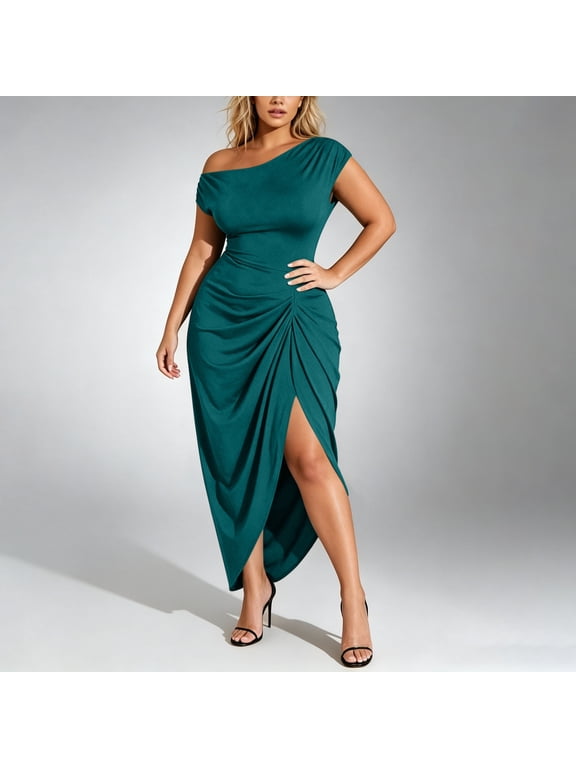 Chic Elegant Women's Ruched Midi Dress with Side Slit, Plus Size Stretch Bodycon Party Gown for Evening and Cocktail Occasions
