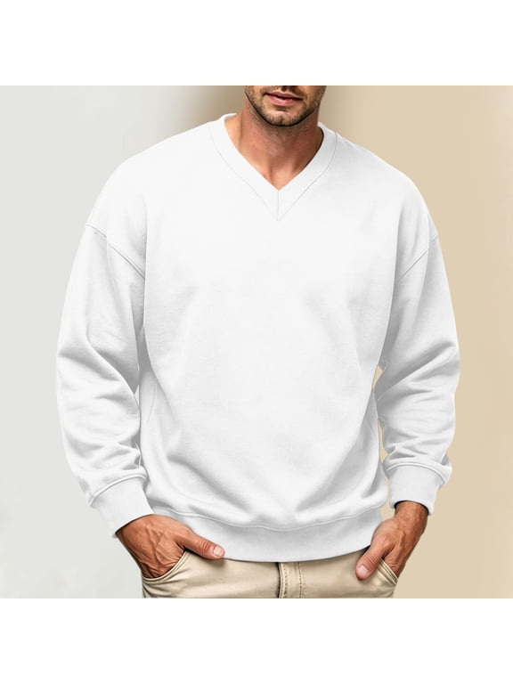 Classic Men's V-Neck Sweatshirt with Ribbed Cuffs, Loose Fit Long Sleeve Pullover for Fall and Winter Casual Daily Wear