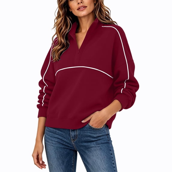Caywon Classic Women's Half Zip Sweatshirt with Contrast Piping and Stand Collar, Loose Fit Long Sleeve Pullover for Fall Spring and Casual Daily Wear