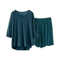 thumbnail image 1 of Caywon Ladies' Casual Loose V-Neck Three Quarter Sleeve Sleeved Lace Shorts Pajama Set Casual Solid Color Oversized Shirts Biker Shorts(Army Green,L), 1 of 6