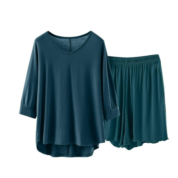 Caywon Ladies' Casual Loose V-Neck Three Quarter Sleeve Sleeved Lace Shorts Pajama Set Casual Solid Color Oversized Shirts Biker Shorts(Army Green,L)