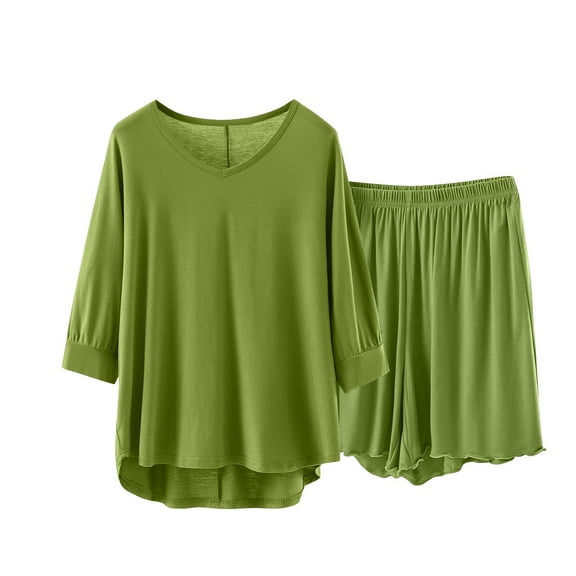 Caywon Ladies' Casual Loose V-Neck Three Quarter Sleeve Sleeved Lace Shorts Pajama Set Casual Solid Color Oversized Shirts Biker Shorts(Green,L)