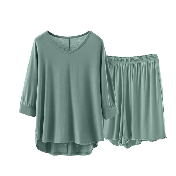 Caywon Ladies' Casual Loose V-Neck Three Quarter Sleeve Sleeved Lace Shorts Pajama Set Casual Solid Color Oversized Shirts Biker Shorts(Mint Green,L)