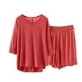 thumbnail image 1 of Caywon Ladies' Casual Loose V-Neck Three Quarter Sleeve Sleeved Lace Shorts Pajama Set Casual Solid Color Oversized Shirts Biker Shorts(Red,L), 1 of 6