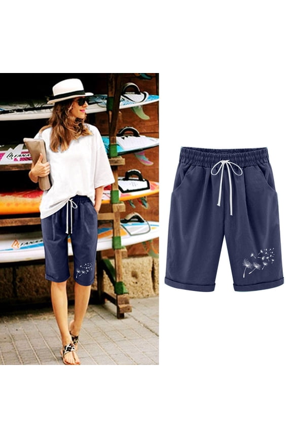 Summer Shorts for Women Trendy Print Sports Shorts Casual Loose Drawstring Pockets Casual Loose Soft Bermuda Shorts(Navy,M)