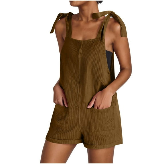 Caywon Women's Casual and Fashionable Solid Color Corduroy Short Jumpsuit Loose Sleeveless Adjustable Strap Double Pocket Jumpsuit(Brown,M)