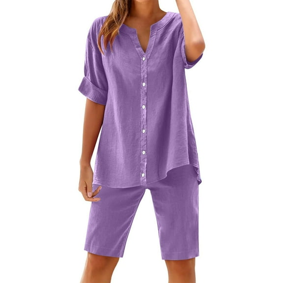Caywon Women's Fashionable Cotton and Linen Shorts Short Sleeved Shirt Set Casual Two Piece Set Spring and Summer Shorts Pajama Set(Purple,XL)