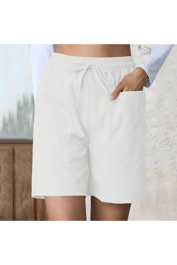 Women's Loose Pleated Fitness Shorts Solid Color Spring Summer Breathable Cotton Drawstring Elastic Waist Casual Shorts(White,S)