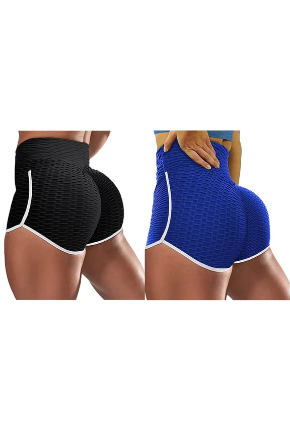 Women's Short Solid Color Protective Leggings Jacquard Bubble Hip Lifting Fitness Elastic Sports High Waist Yoga Pants(Black,Blue,XL)