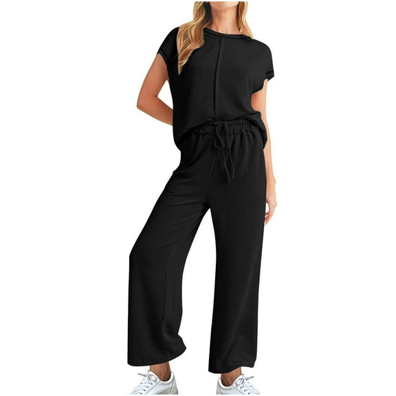 Caywon Women's Solid Color Casual Sleeveless Round Neck Top And Shirt Spring and Summer Set Breathable Soft Fashion Lounge Wear(Black,M)