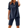 thumbnail image 1 of Caywon Women's Solid Color Cotton Linen Shorts Short Sleeved Shirt Set Two Piece Set Spring and Summer Breathable Soft Shorts Pajama Set(Navy,XXL), 1 of 9