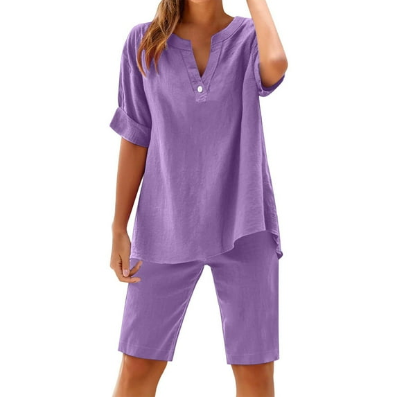 Caywon Women's Solid Color Cotton Linen Shorts Short Sleeved Shirt Set Two Piece Set Spring and Summer Breathable Soft Shorts Pajama Set(Purple,XL)
