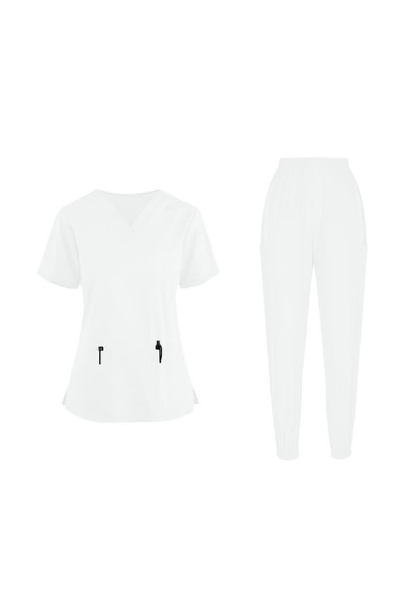 Women's Solid Color V Neck Pocket Top Elastic Waistband Ankle Strap Long Pants Fast Dry Cleaning Hand Clothes Clothes Nurse Clothes Set(White,XL)