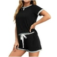 thumbnail image 1 of Caywon Women's Spring Summer Solid Color Round Neck Short Sleeved Top With Elastic Waist and Drawstring Pocket Shorts(Black,XL), 1 of 7