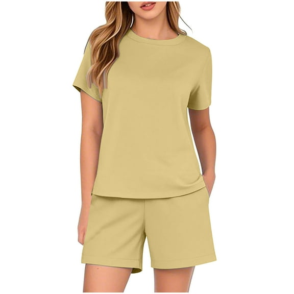 Caywon Women's Spring and Summer Casual Solid Color Short Sleeved Shorts Two Piece Set Lightweight Breathable Fashion Set(Yellow,M)