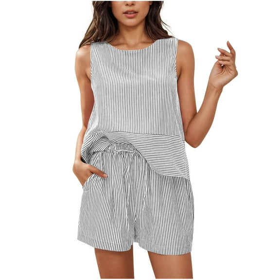 Caywon Women's Striped Printed Round Neck Sleeveless Top And With Strap Pocket Shorts Two Piece Set Breathable Soft Fashion Casual Home Wear(Gray,XXL)