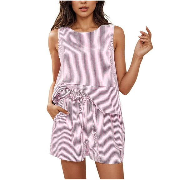 Caywon Women's Striped Printed Round Neck Sleeveless Top And With Strap Pocket Shorts Two Piece Set Breathable Soft Fashion Casual Home Wear(Purple,S)