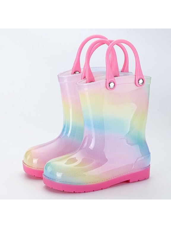 Colorful Gradient Kids Rain Boots with Easy-Grip Handles Non-Slip Waterproof PVC Rain Shoes for Girls Outdoor Puddle Walking Garden Play