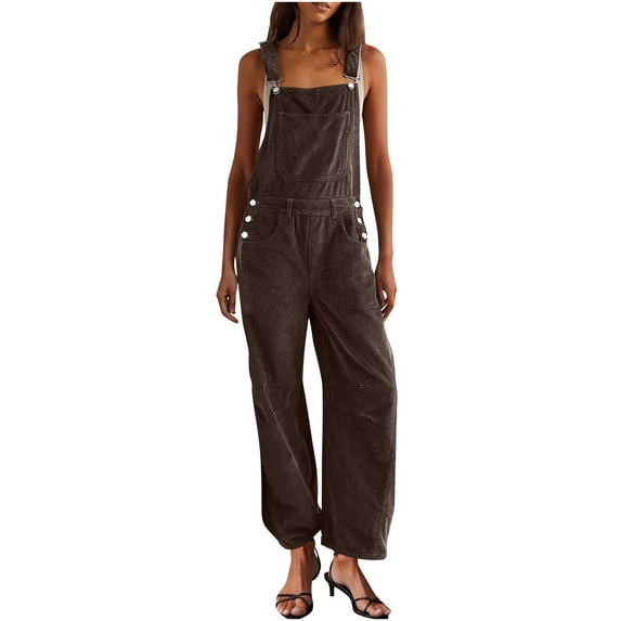 Caywon Corduroy Overalls For Women Barrel Leg Wide Fit Bib Corduroy Pants Adjustable Romper Jumpsuit With Pockets One Piece Outfit Comfortable Textured Fabric Brown L