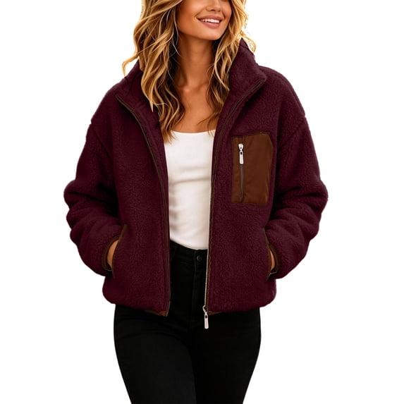 Caywon Cozy Women's Fleece Jacket with Full Zipper and Pocket, Long Sleeve Shearling Hooded Coat for Fall and Winter Outdoor Wear