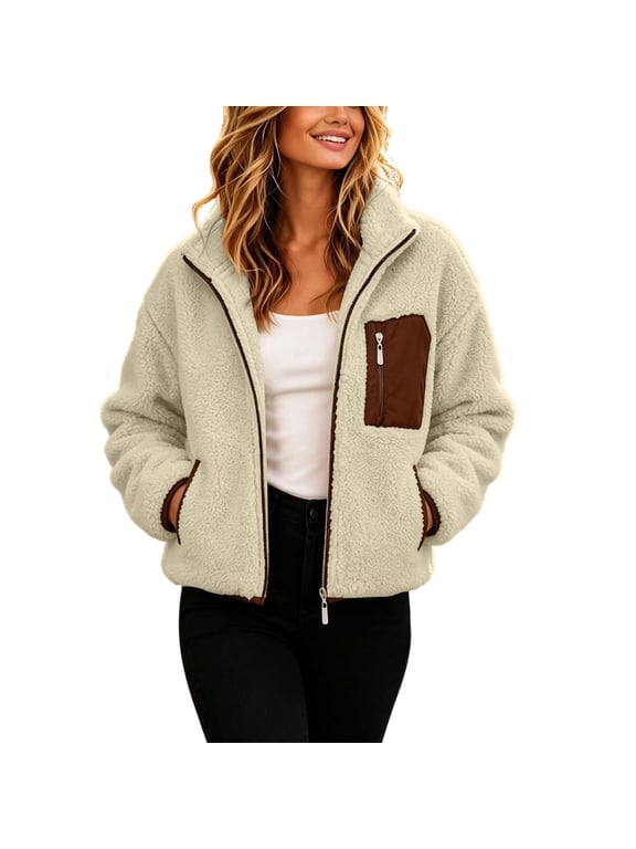Cozy Women's Fleece Jacket with Full Zipper and Pocket, Long Sleeve Shearling Hooded Coat for Fall and Winter Outdoor Wear