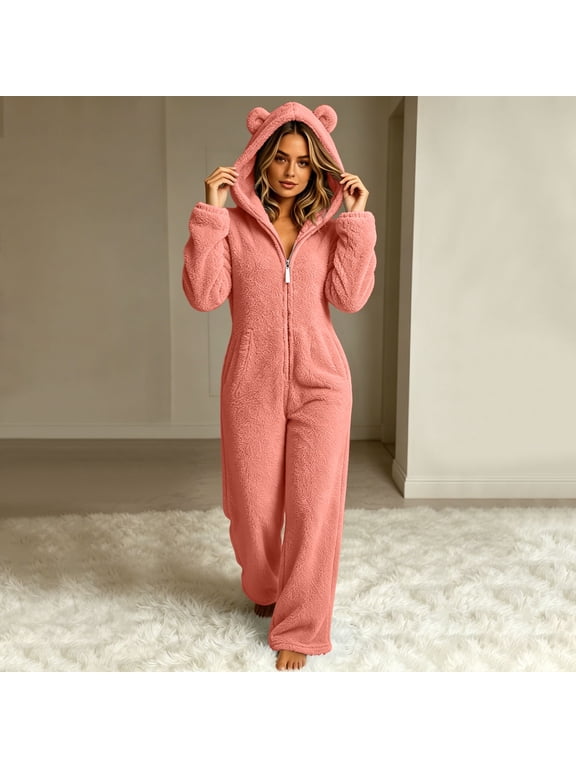 Cozy Women's Hooded Jumpsuit with Bear Ears and Full Zipper, Warm Fleece Onesie Pajamas for Winter Indoor Lounge Wear