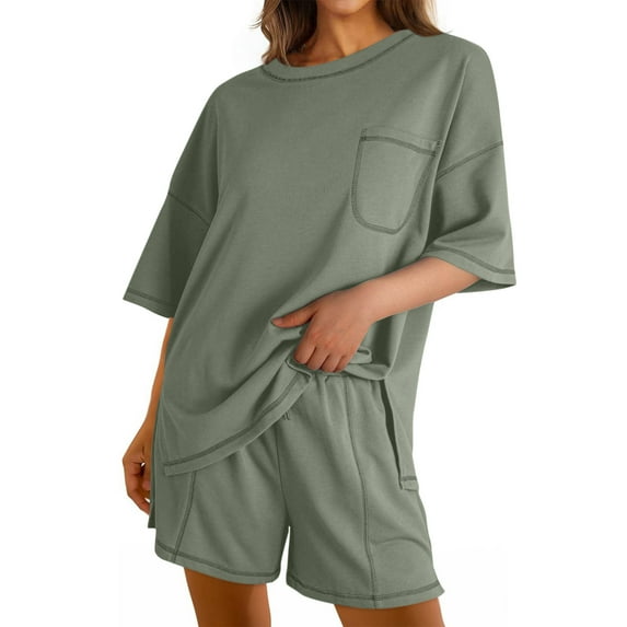 Caywon Cozy Womens Home Wear Set Fashionable Solid Color Short Sleeve Round Neck Pajama Top Coordinated Full Length Pant Comfortableable Set Relaxed LooseDesigns Army Green XXL