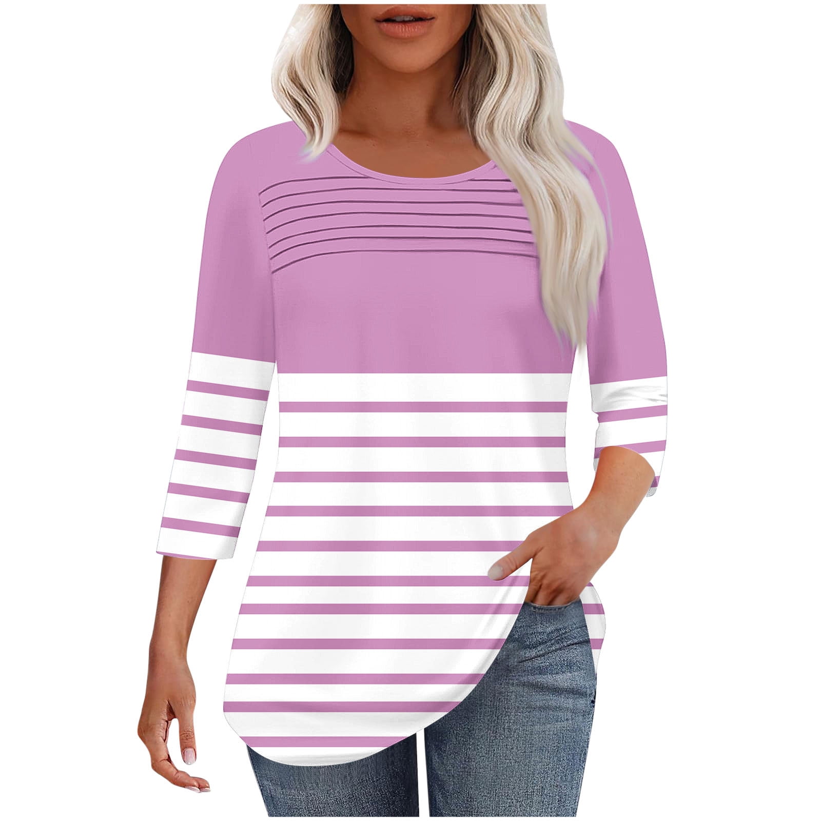 Striped Round Neck Three-Quarter Sleeve T-Shirt main image 0