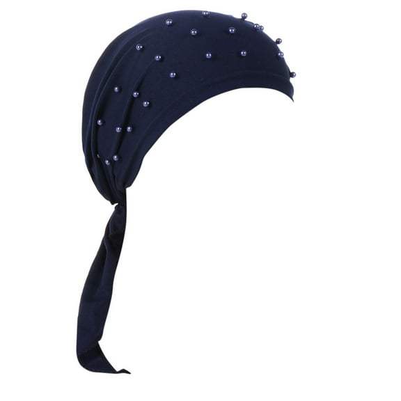 Caywon Elegant Women Beaded Mesh Turban Bonnet Muslim Headscarf Foldable Knit Ladies Breathable Daily Leisure Style Headscarf(Navy,Free Size)