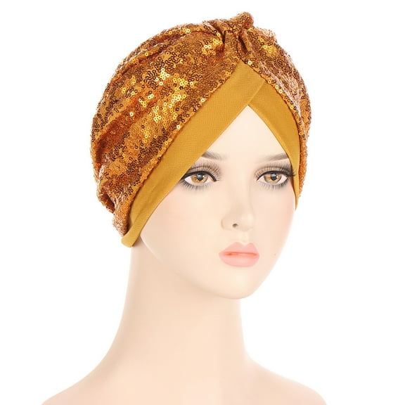 Caywon Elegant Women Sparkling Turban Bonnet Muslim Headscarf Caps Party Foldable Knit Ladies Breathable Headtie(Yellow,One Size)
