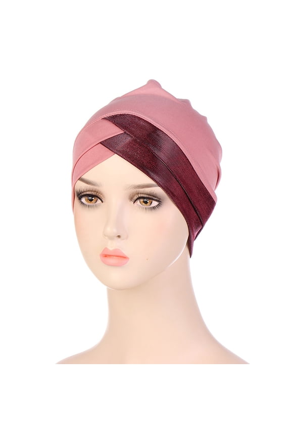 Elegant Women Stripe style Turban Bonnet Muslim Headscarf Caps Party Foldable Knit Ladies Breathable Headtie(Pink,One Size)