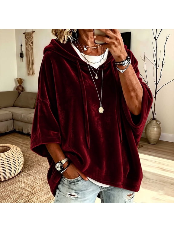 Elegant Women's Velour Hooded Sweatshirt with Drawstring and Short Sleeves, Loose Fit Casual Pullover Top for Fall and Spring
