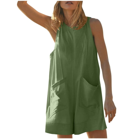 Caywon Fashion Womens Solid Color Front Pocket Detail Sleeveless Romper Jumpsuit One Piece Outfit Comfortable Lightweight Fabric Casual Everyday Wear Green 2XL